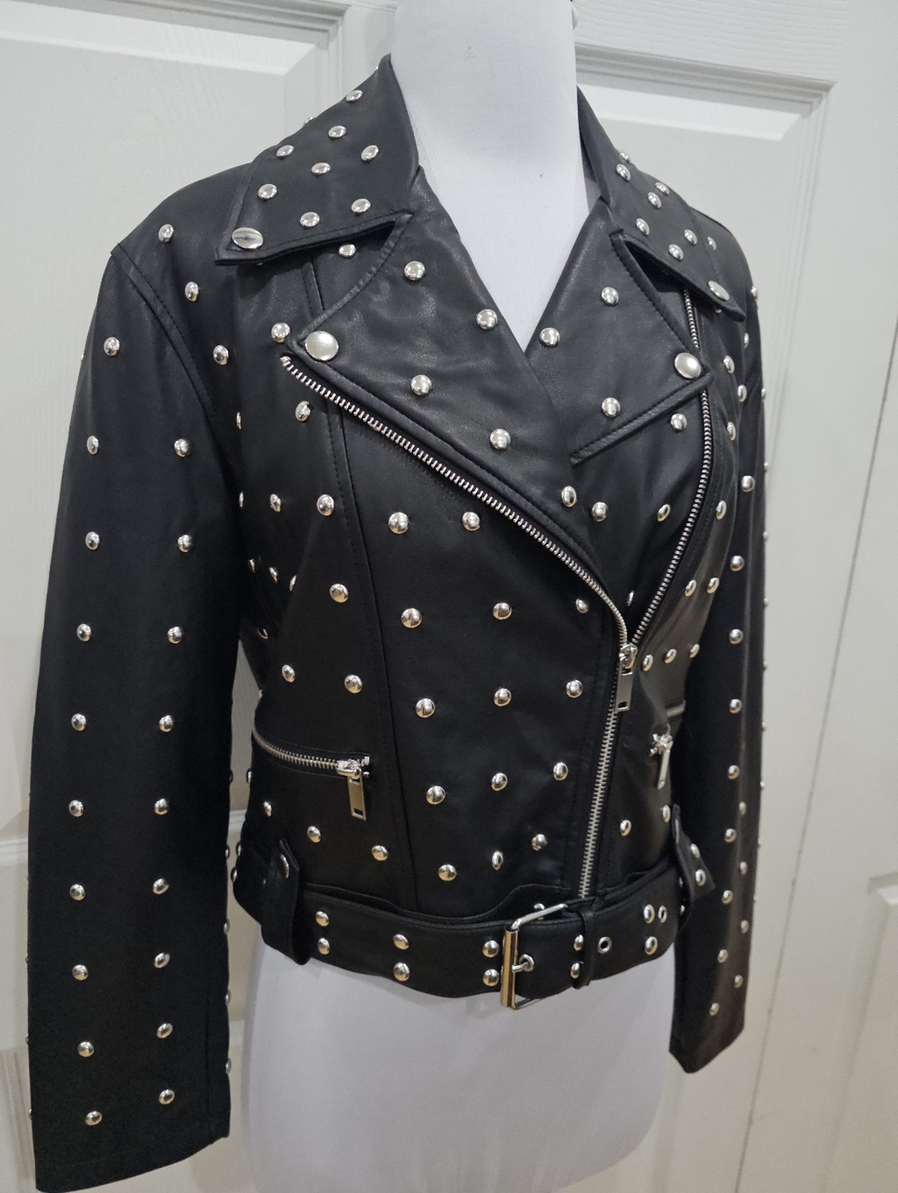 Forever 21 Punk Goth Black Silver Studded Faux Leather Zip Moto Jacket Coat S - Picture 2 of 12